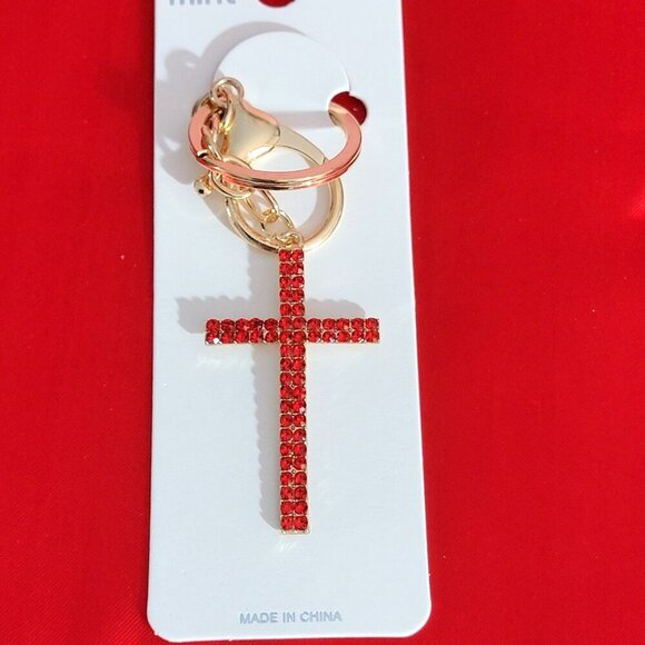 Red Crystal Cross Key Ring Bag Charm Fashion Jewelry - Picture 2 of 7